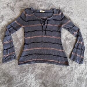 Y2K 100% Cotton Knit Sweater Gray Striped Lightweight Boho Minimalist| Medium